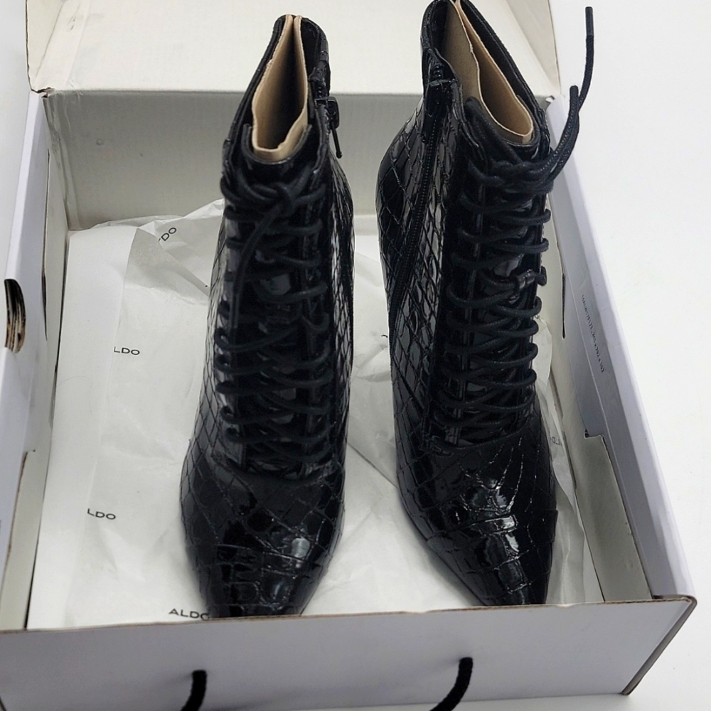 Aldo Glossy Black Croc-Embossed Booties